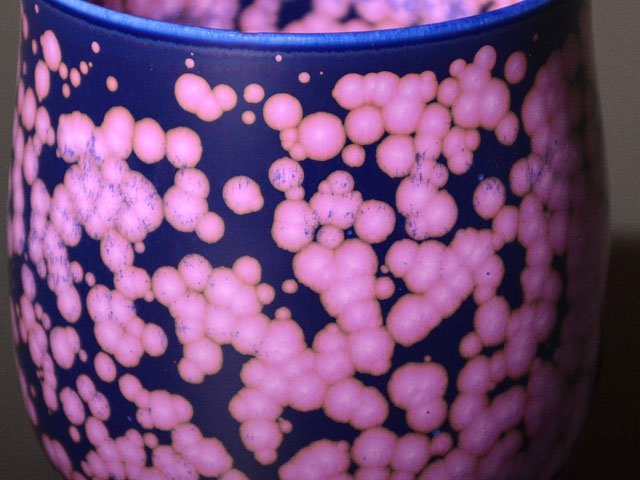 有田焼 湯呑み 桜花紋。藍地に桜が散る釉薬の湯呑